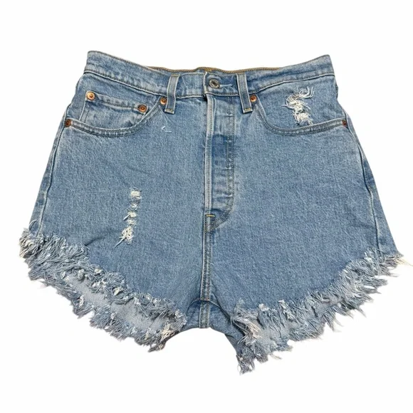 Levi's Premium Ribcage Straight Denim Shorts Frayed Hem | Light Wash | Size 27 - Picture 1 of 7